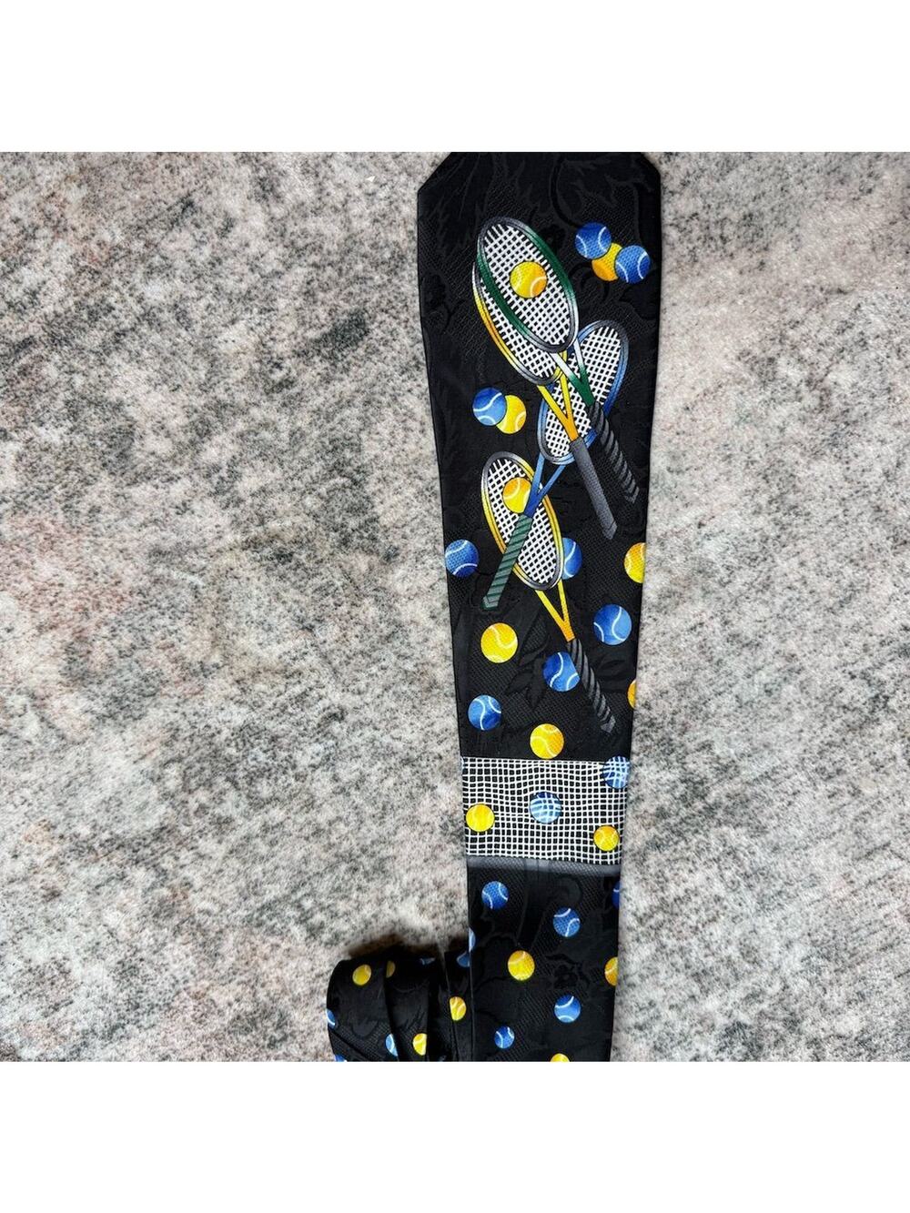 Fratello Men's Black Tie Tennis Racquets & Balls Design Handmade
